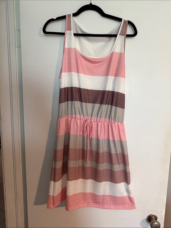 SHEIN Dresses & Skirts - SHEIN Pink, White & Brown Striped Drawstring Sundress